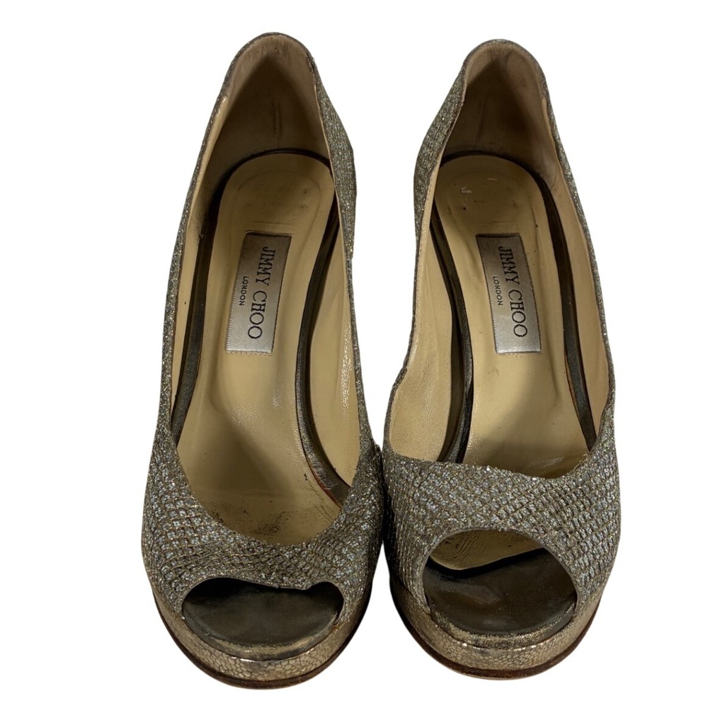 Jimmy Choo‎ Glitter Peep Toe Platform Pumps Gold Silver Metallic Heels Size 40.5